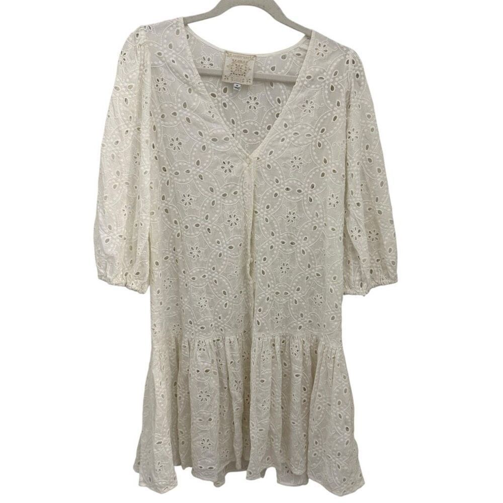 Johnny Was Maurice Embroidered Eyelet Tiered Shift Dress White Size XS Bridal